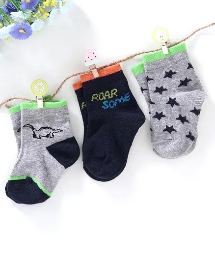 Cute Walk by Babyhug Antibacterial Ankle Length Socks Dino & Star Design Pack of 3 - Blue Grey