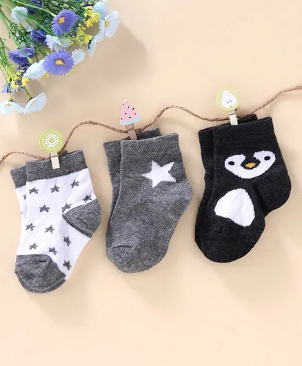 Cute Walk by Babyhug Antibacterial Ankle Length Socks Penguin & Star Design Pack of 3 - Grey Black