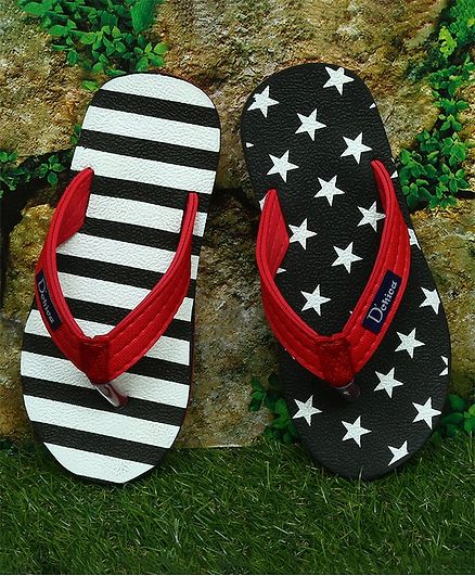 D'chica Striped & Stars Printed Flip Flops - Black White & Red