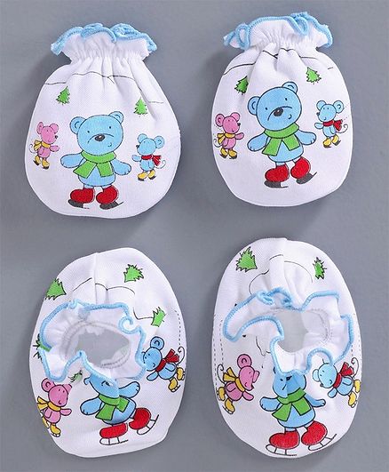 Ben Benny Mittens & Booties Bear Print - White Blue