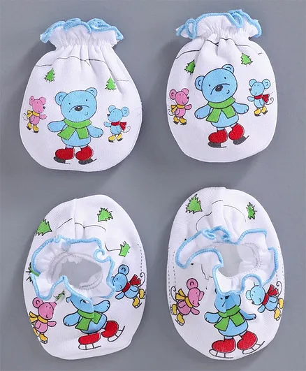Ben Benny Mittens & Booties Bear Print - White Blue