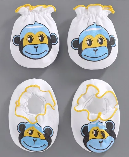 Ben Benny Mittens & Booties Monkey Print - White Blue