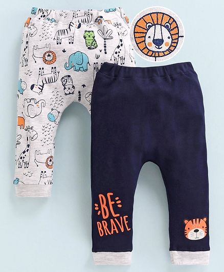 Babyoye Cotton Full Length Diaper Leggings Animal Print Pack of 2 - Grey Navy Blue