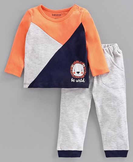 Babyoye Full Sleeves Tee & Bottom Set Lion Print - Orange Grey