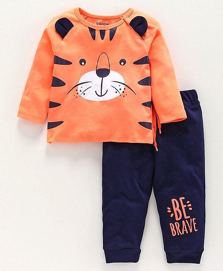 Babyoye Cotton 3D Ears Full Sleeves Tee with Lounge Pant Tiger Print - Orange Navy Blue