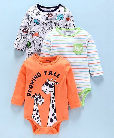 Babyoye 100% Cotton Full Sleeves Onesie Animal Print Pack of 3 - White Green Orange