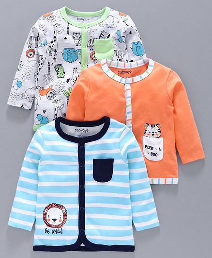 Babyhug 100% Cotton Vest Animal Print Pack of 3 - Orange Blue