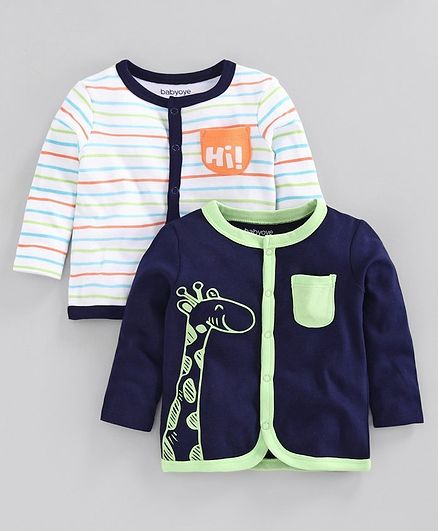 Babyoye Cotton Blend Full Sleeves Striped Jhabla Giraffe Print Pack of 2 - Navy Blue White