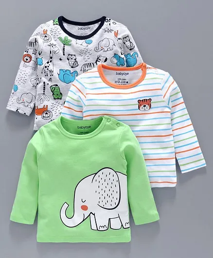 Babyoye Full Sleeves Tee Pack of 3 - Green White