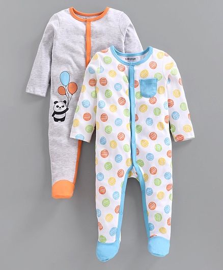 Babyoye Full Sleeves Footed Sleepsuit Pack of 2 - Blue Grey
