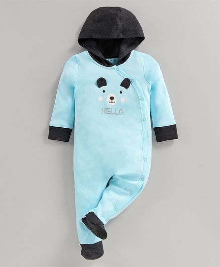 Babyoye Full Sleeves Footed Cotton Hooded Sleep Suit Bear Print - Blue