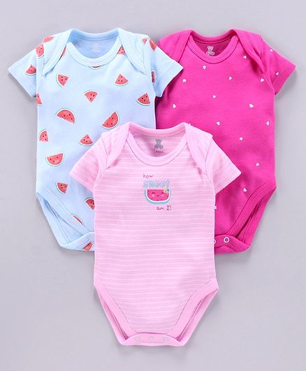 I Bears Short Sleeves Onesies Watermelon & Heart Print Pack of 3 - Pink Blue