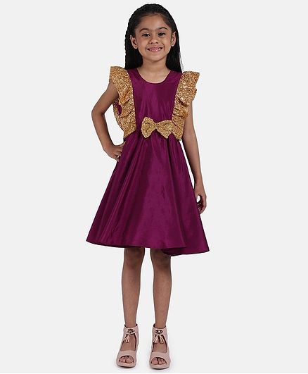 BownBee Cap Sleeves Sequin Detailing Flared Dress - Purple
