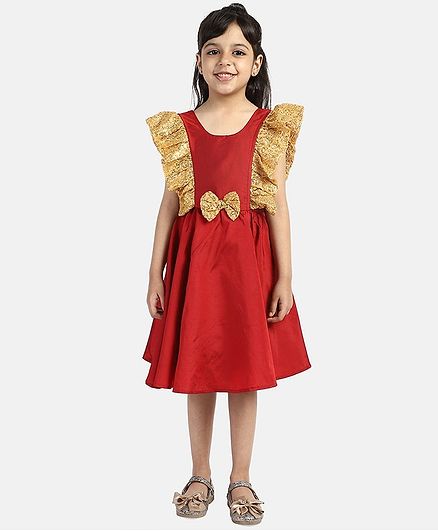 BownBee Cap Sleeves Sequin Detailing Flared Dress - Red