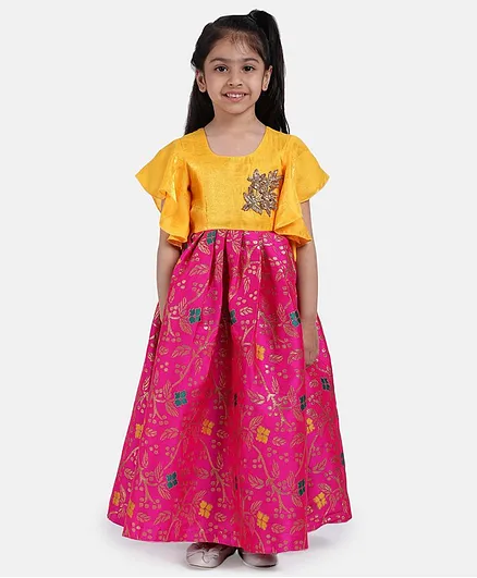 BownBee Ruffled Half Sleeves Flower Printed Gown - Pink