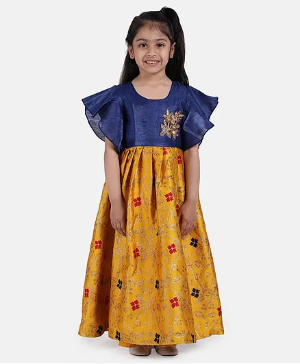 BownBee Ruffled Half Sleeves Flower Printed Gown - Yellow