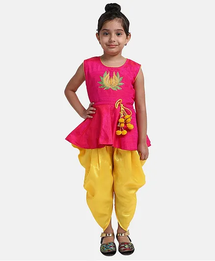 BownBee Sleeveless Lotus Embroidery Peplum Top With Dhoti - Pink