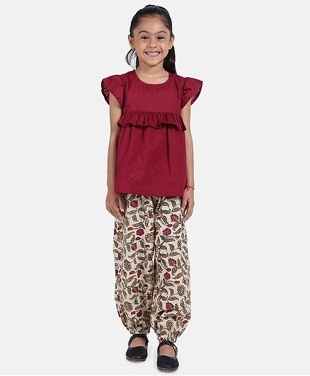 BownBee Short Sleeves Ruffled Solid Top With Flower Printed Harem Pant - Maroon