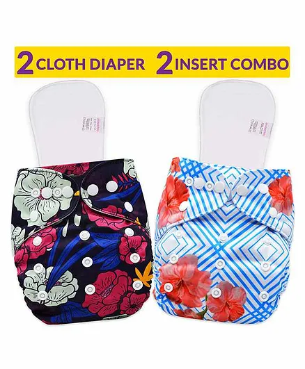 Bembika Reusable Cloth Diapers With Inserts Floral Print Pack of 2 - Blue
