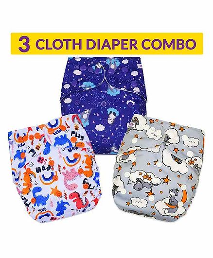 Bembika Reusable Cloth Diapers Multi Print Pack of 3 - Blue Grey Multicolor