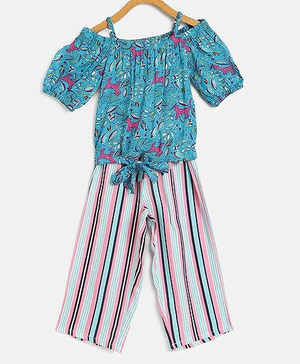 Pspeaches Animal Print Half Sleeves Top With Pants - Sea Green