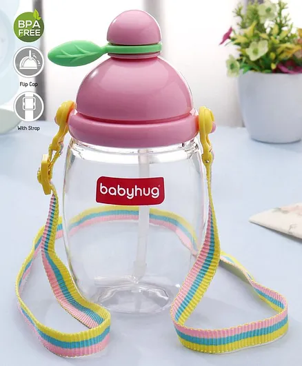 Babyhug Round Straw Sipper with Carrying Strap Pink - 410 ml