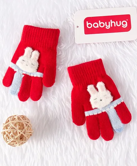 Babyhug Woolen Hand Gloves Bunny Applique - Red