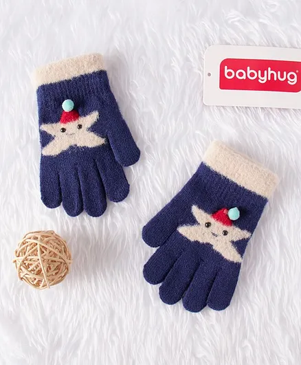 Babyhug Woolen Hand Gloves Star Design - Navy Blue