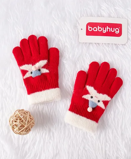 Babyhug Woolen Hand Gloves Star Design - Red
