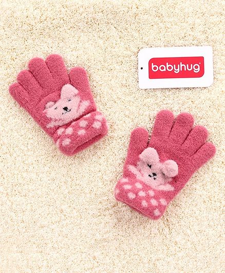 Babyhug Woolen Hand Gloves Animal Design - Light Pink