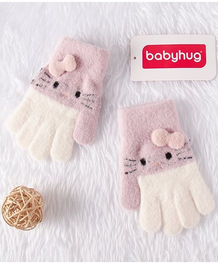 Babyhug Woolen Hand Gloves Bow Applique - White