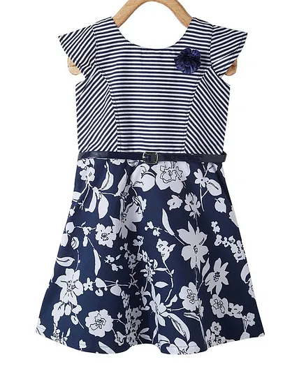 Powderfly Cap Sleeves Flower Print Dress With Belt - Blue