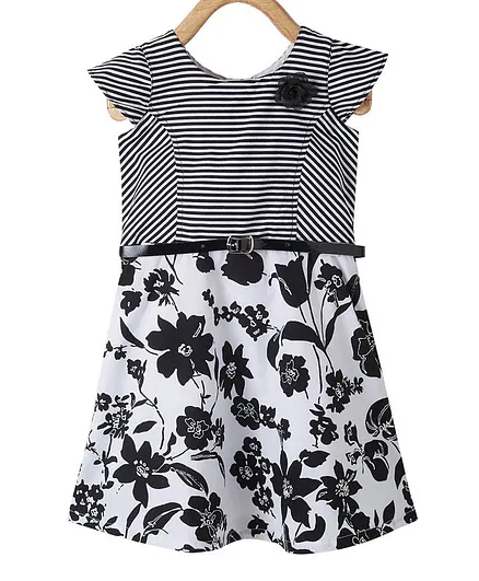 Powderfly Cap Sleeves Flower Print Dress With Belt - Black