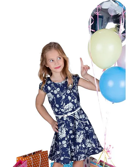 Powderfly Cap Sleeves Flower Print Dress With Belt - Blue