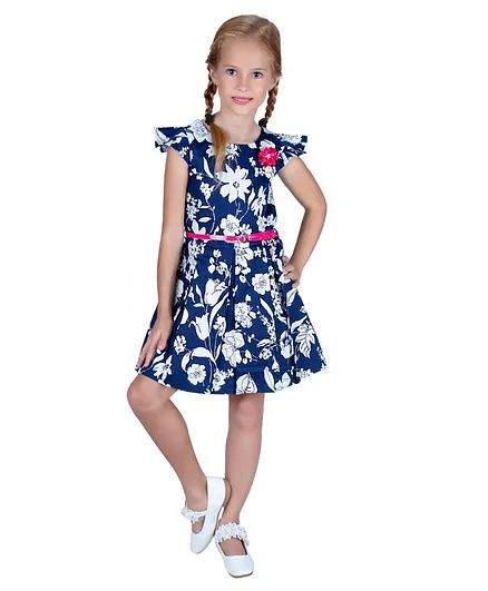 Powderfly Cap Sleeves Flower Print Dress With Belt - Blue