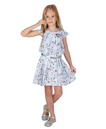 Powderfly Cap Sleeves Flower Print Dress With Belt - Grey