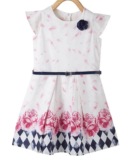 Powderfly Rose Print Cap Sleeves Dress With Belt - Pink