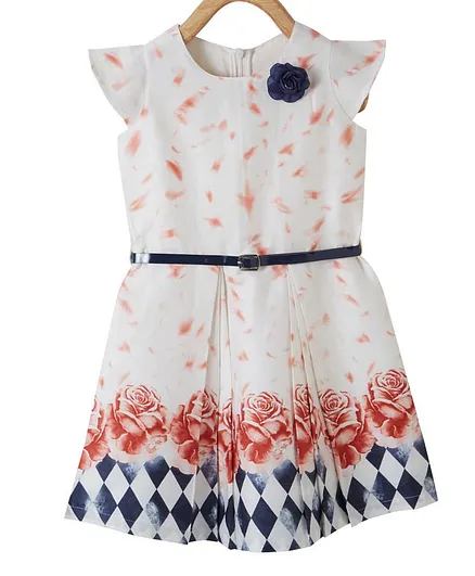 Powderfly Rose Print Cap Sleeves Dress With Belt - Orange