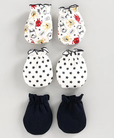 Babyhug 100% Cotton Printed and Solid Mittens Set Pack of 3 - Blue White