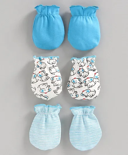 Babyhug 100% Cotton Printed and Solid Mittens Set Pack of 3 - Blue
