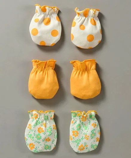 Babyhug 100% Cotton Mittens Pack of 3 - White Yellow