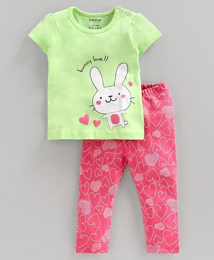Babyoye Half Sleeves T-Shirt and Pant Set Bunny Print - Green Pink