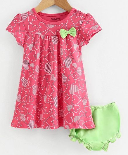 Babyoye Short Sleeves Cotton Printed Frock with Bloomer Bow Applique - Pink Green