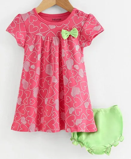 Babyoye Short Sleeves Cotton Printed Frock with Bloomer Bow Applique - Pink Green