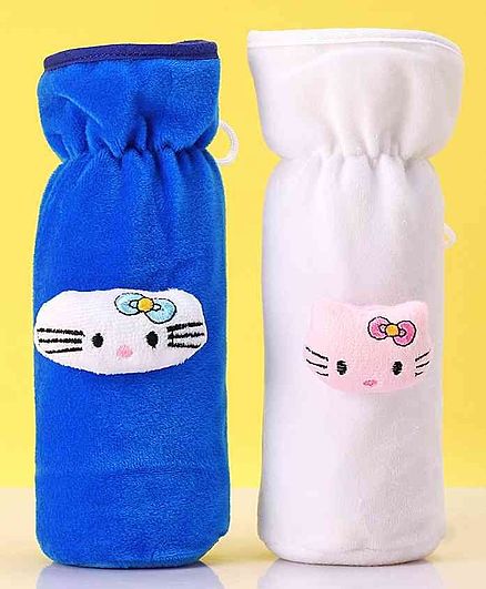 Zoe Velvet Bottle Cover Kitty Motif Pack of 2 Blue & White - Fits Up to 240 ml Bottle