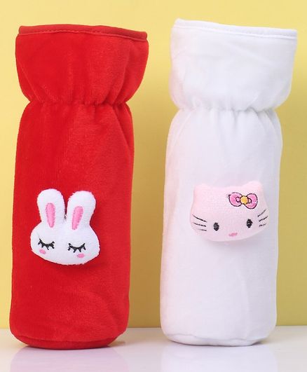 Zoe Velvet Bottle Cover Teddy & Kitty Motif Red White Pack of 2 - Fits Up to 240 ml Bottle