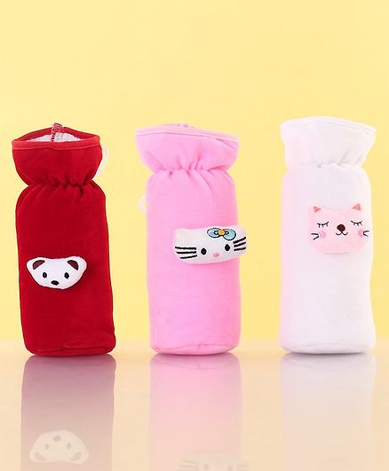 Zoe Velvet Bottle Cover Bear & Kitty Motif Pack of 3 Red Pink White - Fits Up to 240 ml Bottle