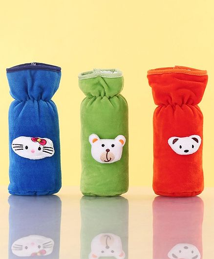 Zoe Velvet Bottle Cover Kitty & Bear Motif Pack of 3 Blue Green Orange - Fits Up to 240 ml Bottle