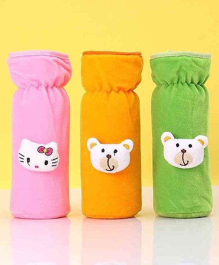 Zoe Velvet Bottle Cover Bear & Kitty Motif Pack of 3 Yellow Pink Green - Fits Up to 240 ml Bottle