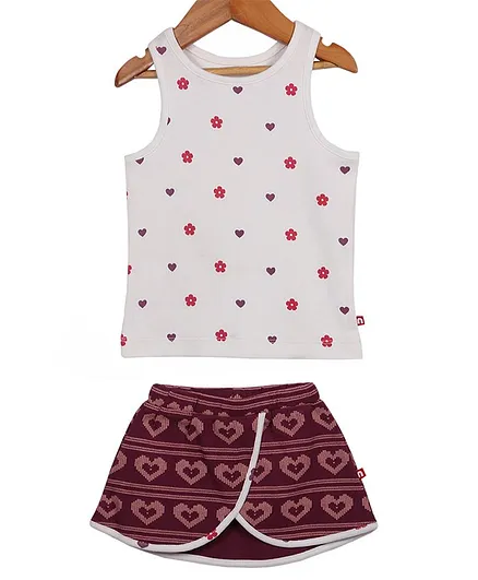 Nino Bambino Sleeveless Star Printed Top & Skirt Set - White & Maroon